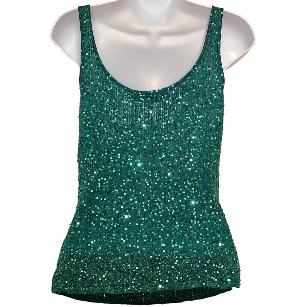 Women's Tank Top Sz S Silk Adrienne Vittadini Emerald Green Sequin Swifty Shiny